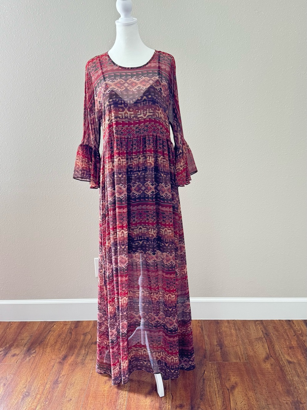 BCBGeneration Red Multi Ethnic-Print Maxi Dress